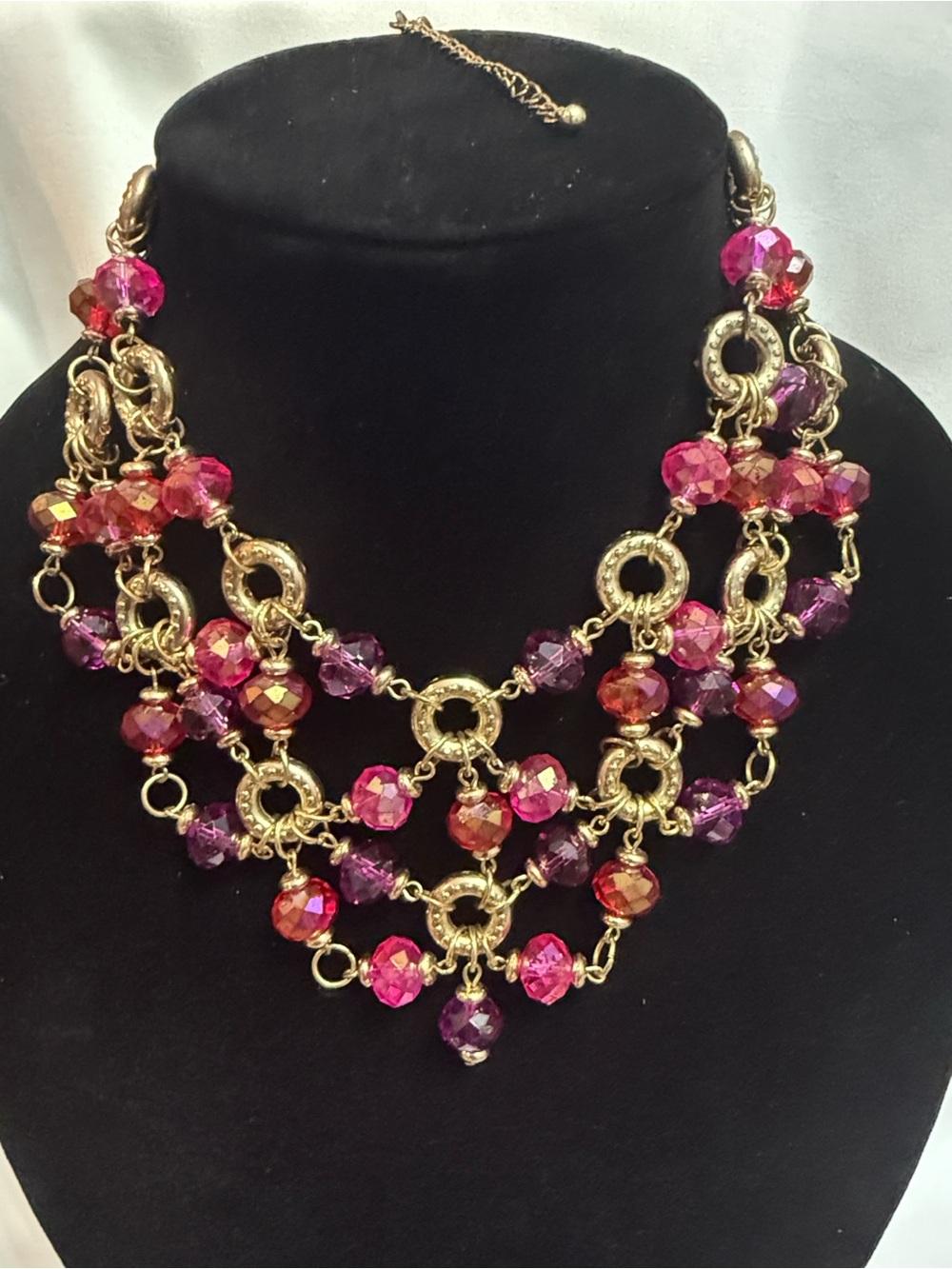 Vibrant Pink & Purple Beaded Multi-Strand Statement Necklace Gold Tone Links